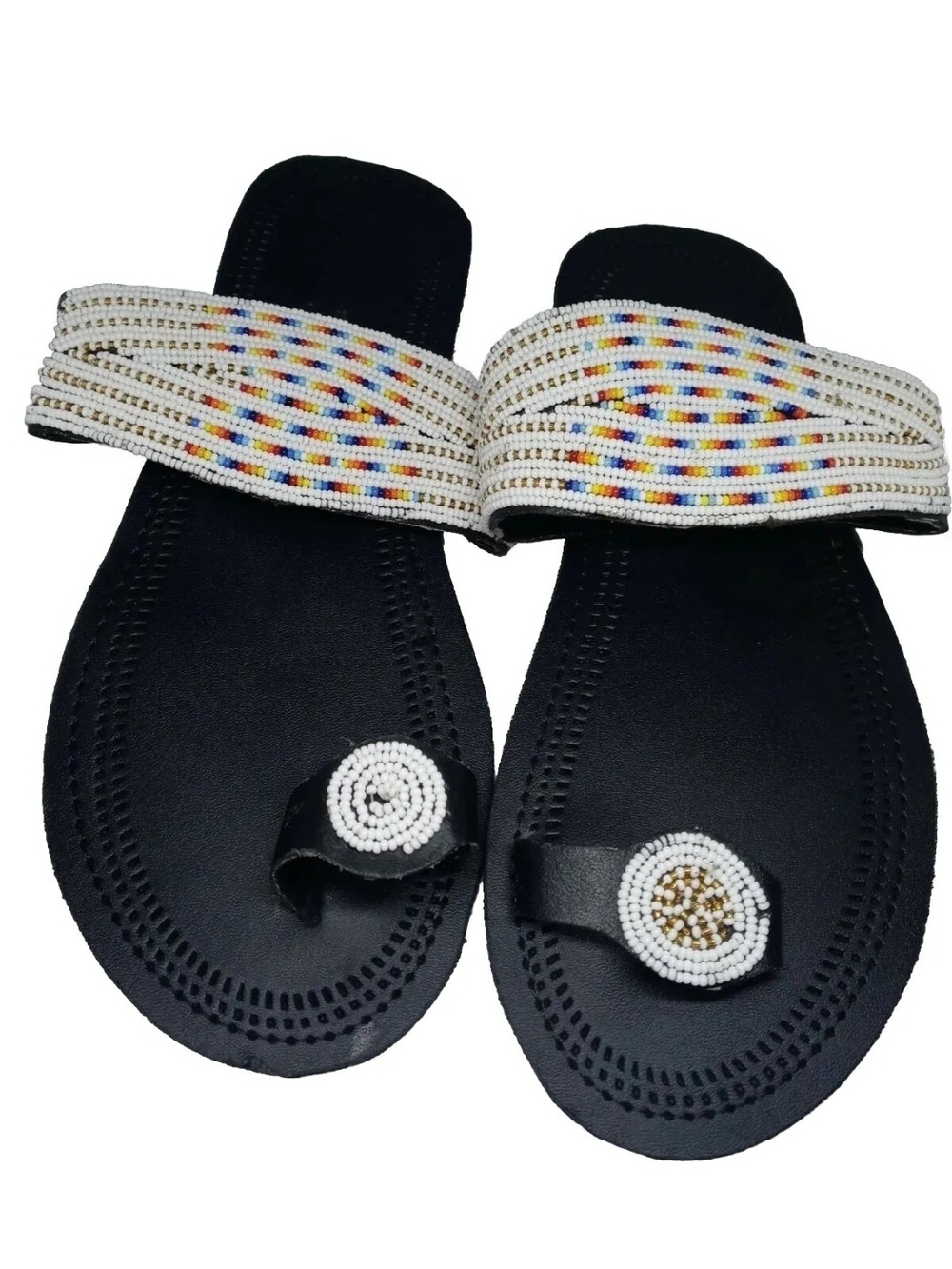 Beaded Black White Women's Slide Sandals with Multicolor Accent